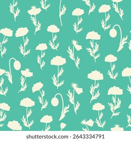 Bicolor contour silhouette seamless pattern with poppy flowers and leaves. Abstract floral spring, summer pastel pattern