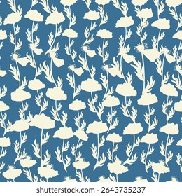 Bicolor contour silhouette seamless pattern with poppy flowers and leaves. Abstract floral spring, summer pastel pattern