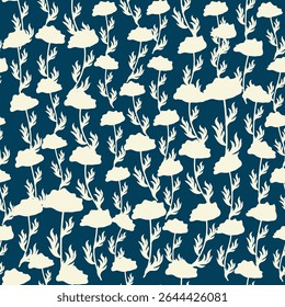Bicolor contour silhouette seamless pattern with poppy flowers and leaves. Abstract floral spring, summer pastel pattern