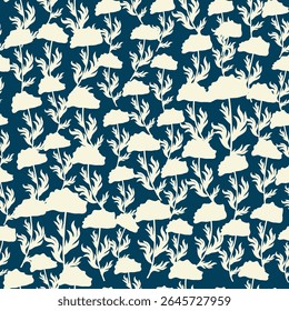 Bicolor contour silhouette seamless pattern with poppy flowers and leaves. Abstract floral spring, summer pastel pattern