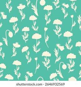 Bicolor contour silhouette seamless pattern with poppy flowers and leaves. Abstract floral spring, summer pastel pattern