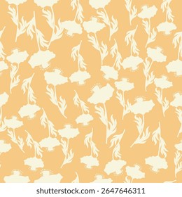 Bicolor contour silhouette seamless pattern with poppy flowers and leaves. Abstract floral spring, summer pastel pattern