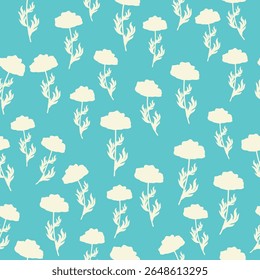 Bicolor contour silhouette seamless pattern with poppy flowers and leaves. Abstract floral spring, summer pastel pattern