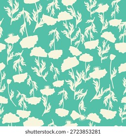Bicolor contour silhouette seamless pattern with poppy flowers and leaves. Abstract floral spring, summer pastel pattern