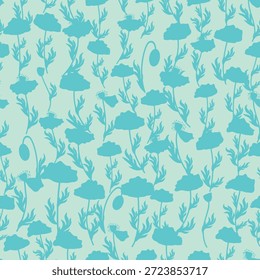 Bicolor Kontur Silhouette nahtlose Muster mit Mohn Blumen und Blätter. Abstrakter Blumenfrühling, Sommer-Pastellmuster