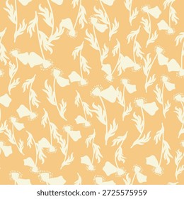 Bicolor contour silhouette seamless pattern with poppy flowers and leaves. Abstract floral spring, summer pastel pattern