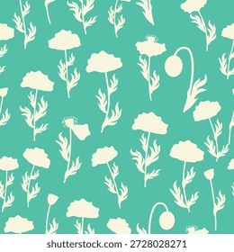 Bicolor contour silhouette seamless pattern with poppy flowers and leaves. Abstract floral spring, summer pastel pattern