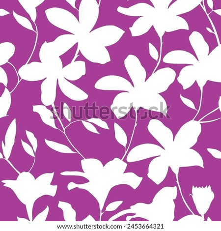 bicolor contour silhouette seamless pattern with flowers and leaves. Abstract floral spring, summer pattern.Abstract Hand Background Seamless vector floral pattern in Hawaiian style with big flowers