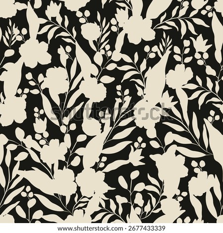 Bicolor contour silhouette seamless pattern with flowers and leaves. Abstract floral spring, summer pattern, black background, off white, monotone