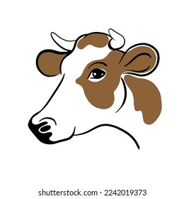 bicolor cow silhouette with brown spots faces for farm natural dairy products packing. Portrait, muzzle. Line art