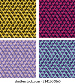 Bicolor geometric seamless pattern. Ornate contours lined up in rows. Vector set of four images for your projects.