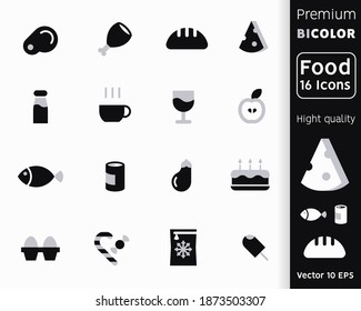 Bicolor Icons Food Products. Bread, Meat and Vegetables Icon set. Icons for Grocery Shopping, Food Store, Confectionery and Menu. Collection of eggs, tea, sheese, alcohol.  Vector illustration