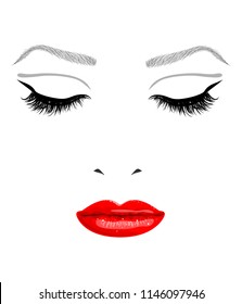 A bicolor illustration with female eyes, long eyelashes, eyebrows and red shining lips. Design for a cosmetic, make-up and beauty magazines, decoration of beauty or make-up salon, cosmetics store