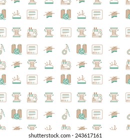 Bicolor line design vector background for sewing or handmade. Seamless vector pattern with brown and green line elements for sewing and handmade on white background.