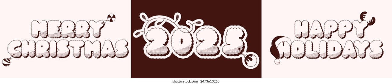 Bicolor Merry Christmas groovy funny set of stickers 2025.
