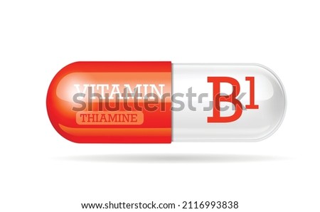Bicolor orange and white Vitamin B1 Capsule, tablets, dietary supplement on white background.