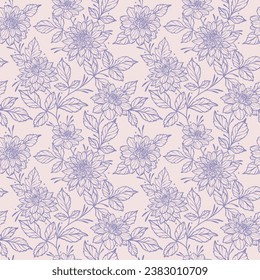 Bicolor pastel floral vector seamless repeat pattern with dahlia illustrations, spring background. Elegant feminine line art flower illustration elements, continuous climbing vine print in purple and 