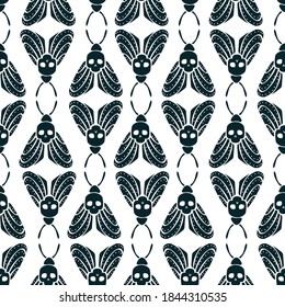 Bicolor repeated pattern with moths and scull on their body. Print with black and white monochrome insects. Backdrop with fauna ornament.