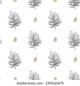 Bicolor seamless pattern with summer palm leaf. Gold and black leaves on white background.