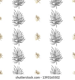 Bicolor seamless pattern with summer palm leaf. Gold and black leaves on white background.