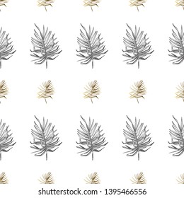 Bicolor seamless pattern with summer palm leaf. Gold and black leaves on white background.