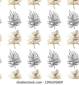 Bicolor seamless pattern with summer palm leaf. Gold and black leaves on white background.