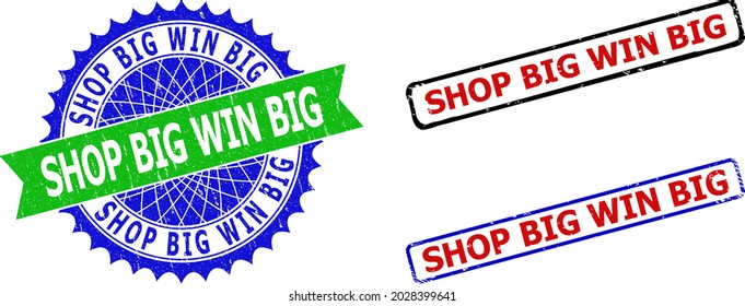 Bicolor SHOP BIG WIN BIG seal stamps. Green and blue SHOP BIG WIN BIG watermark with sharp rosette and ribbon design elements. Rounded rough rectangle framed trading ads seal stamps in red, blue,
