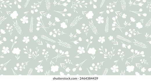 Bicolor silhouette green seamless pattern with flowers and leaves. Abstract floral spring, summer ornament. Organic background for perfume, paper, cover, fabric, interior decor.