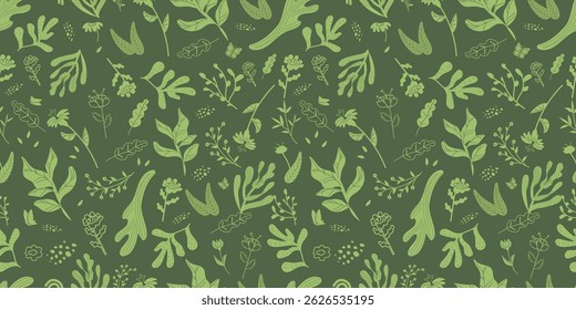 Bicolor silhouette green seamless pattern with flowers and leaves. Abstract floral spring, summer ornament. Organic background for perfume, paper, cover, fabric, interior decor.