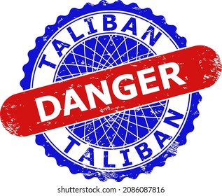Bicolor TALIBAN DANGER seal stamp. Blue and red TALIBAN DANGER seal stamp with rosette and rounded rectangle design elements. Rounded rectangle framed TALIBAN DANGER seal stamp in red, blue colors,