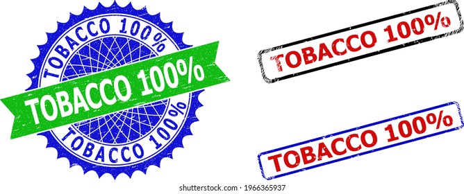 Bicolor TOBACCO 100 Percents seal stamps. Blue and green TOBACCO 100 Percents seal stamp with sharp rosette and ribbon. Rounded rough rectangle framed TOBACCO 100 Percents stamps in red, blue, black