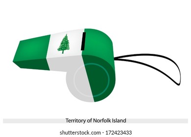 Bicolor Triband of Green and White Bands Charged with A Pine Tree of The Territory of Norfolk Island Flag on A Whistle, The Sport Concept and Political Symbol. 