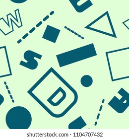 Bicolour simple vector geometric seamless pattern from circles, squares, triangles, lines and letters. On a pastel bright light green background