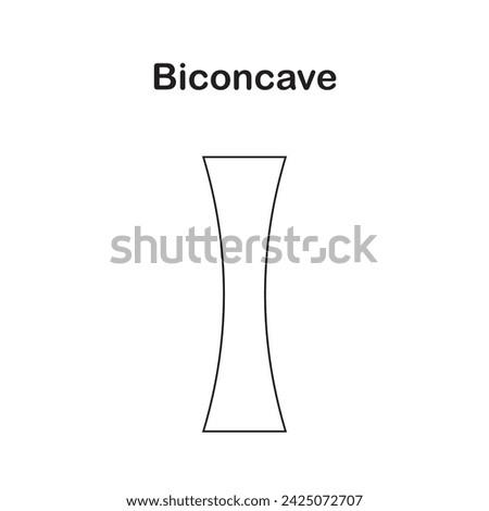 Biconcave lens symbol. biconcore lens shape diagram vector image. Scientific vector illustration of a concave lens or diverging lens isolated on white.  Light and optics. Optical glasses.