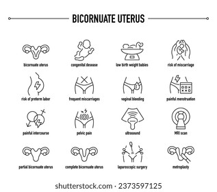 Bicornuate Uterus symptoms, diagnostic and treatment vector icons. Line editable medical icons.