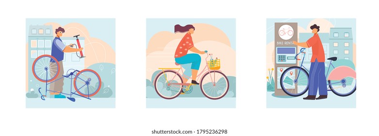 Bicycle 3 flat square compositions with repairman service riding city bike with basket automated rental vector illustration 