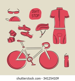 Bicycle accessories and clothing collection set. Sketch vector illustration. Red on pink background.