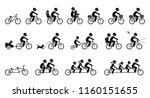 Bicycle accessories and equipments. Pictograms depicts type of bicycle attachments, seats, gears, and parts for adult, child, pet dog, and family. Tandem bicycle for two, three, and four seater. 