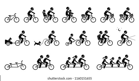 Bicycle accessories and equipments. Pictograms depicts type of bicycle attachments, seats, gears, and parts for adult, child, pet dog, and family. Tandem bicycle for two, three, and four seater. 