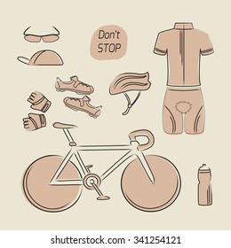 Bicycle, accessories, footwear, bikewear. Sketch vector illustration in shades of brown and beige.