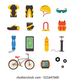 Bicycle and Accessories Icon Set. Sportive Lifestyle. Flat Design Style. Vector illustration