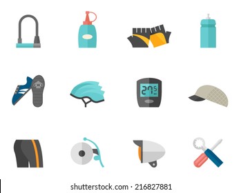 Bicycle accessories icons in flat color style