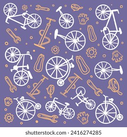 Fahrrad und Zubehör - Nahtloser handgezeichneter Vektorgrafik