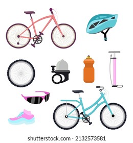 bicycle accessories set and bicycle flat design style illustration