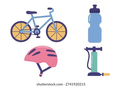 Bicycle Accessories Vector Set with Bike Helmet Water Bottle and Air Pump
