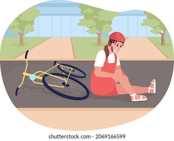 Bicycle accident in childhood 2D vector isolated illustration. Crying little girl fallen off bike flat character on cartoon background. Cycling related trauma experience colourful scene
