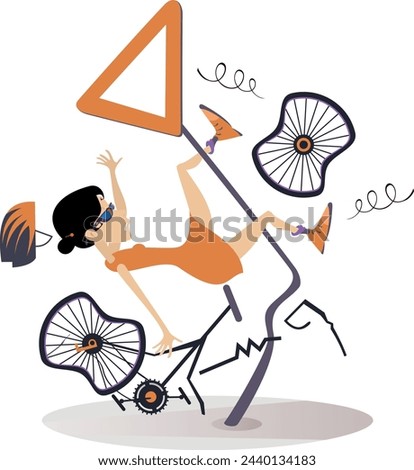 Bicycle accident. Crash.
Traffic accident. Cyclist woman smashed into a road sign
