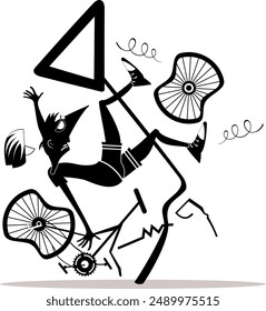 Bicycle accident. Falling down cyclist. 
Cyclist smashed into a road sign. Black and white illustration
