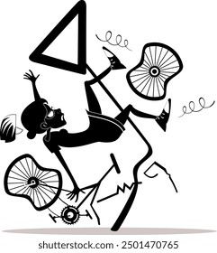 Bicycle accident. Falling down cyclist woman. 
Cyclist woman smashed into a road sign. Black and white illustration
