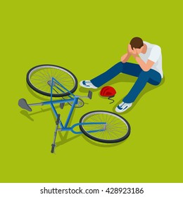 Bicycle accident.  Man falls off his bicycle. Flat  3d vector isometric illustration